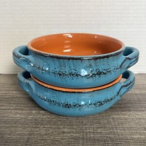 De Silva Terracotta Rustic Blue Baking Soup Chili Bowls w/Handles Made In Italy